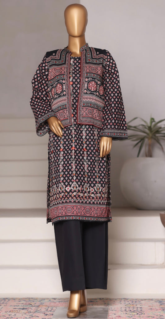 Bin Saeed Exclusive Embroidered Khaddar 3-Piece Suit – Volume 01 | Black and Maroon | Premium Winter Collection